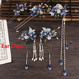 Luxury Blue Flower Pearl Tassel Hairpin Clip