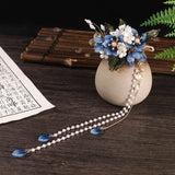Luxury Blue Flower Pearl Tassel Hairpin Clip