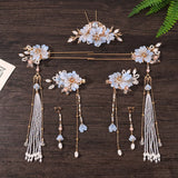Luxury Blue Flower Pearl Tassel Hairpin Clip