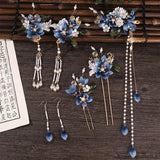Luxury Blue Flower Pearl Tassel Hairpin Clip