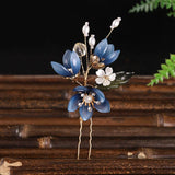 Luxury Blue Flower Pearl Tassel Hairpin Clip