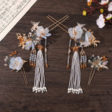 Luxury Blue Flower Pearl Tassel Hairpin Clip