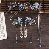 Luxury Blue Flower Pearl Tassel Hairpin Clip