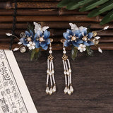 Luxury Blue Flower Pearl Tassel Hairpin Clip