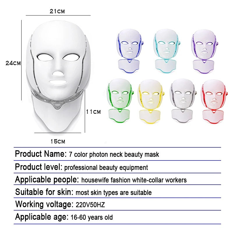 7-Color LED Facial Mask With Neck Therapy – Skin Rejuvenation & Anti-Aging Treatment